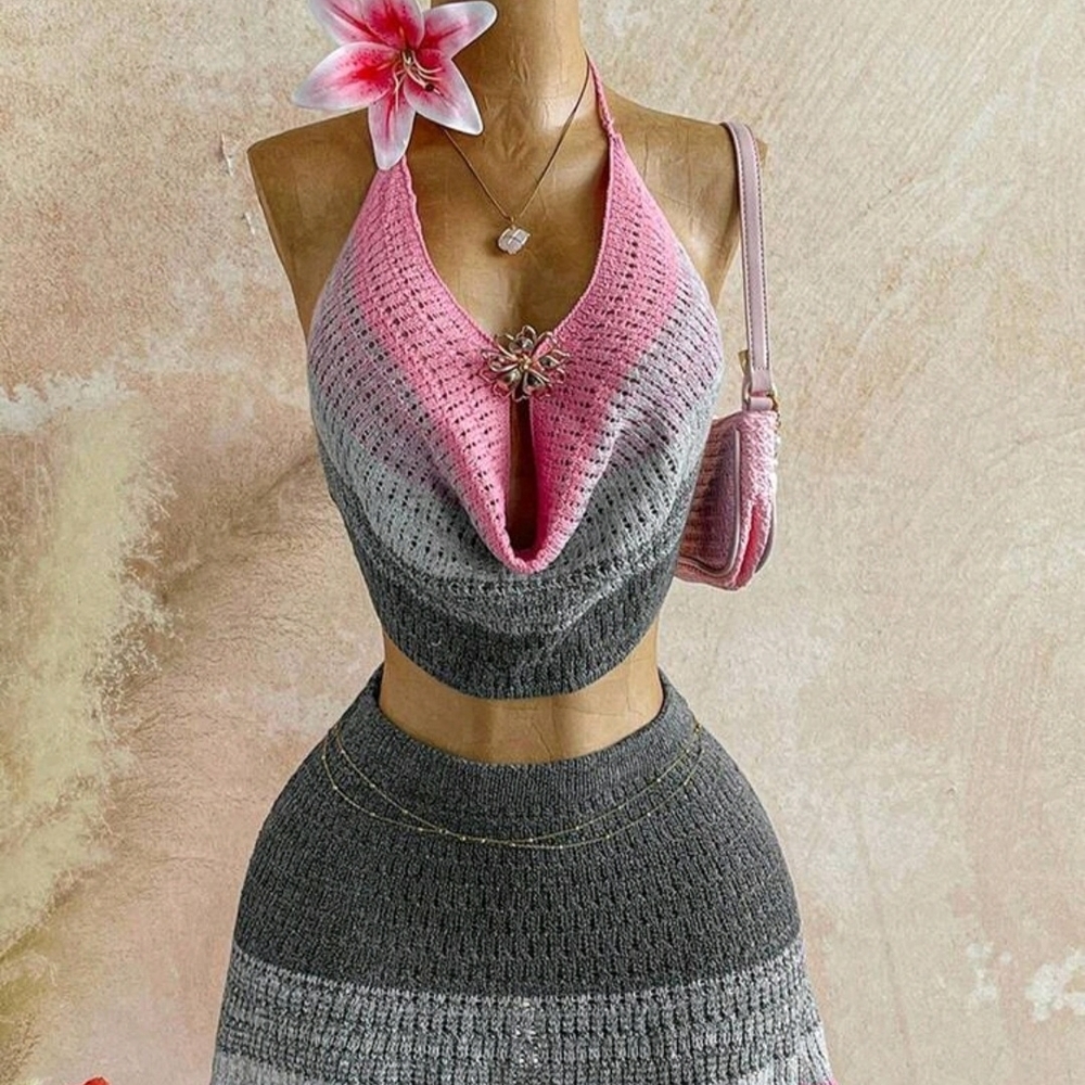 SHEIN Pink to Gray Ombre Knit Halter Crop Top & Skirt Set